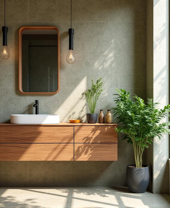 A bathroom featuring reclaimed timber vanity and water-saving fixtures.