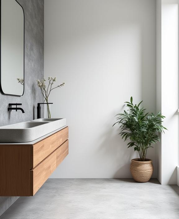 A minimalist bathroom in Fitzroy with a floating vanity and concrete basin.