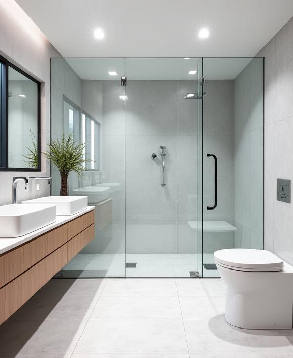 Contemporary bathroom with large format tiles and a frameless glass shower.