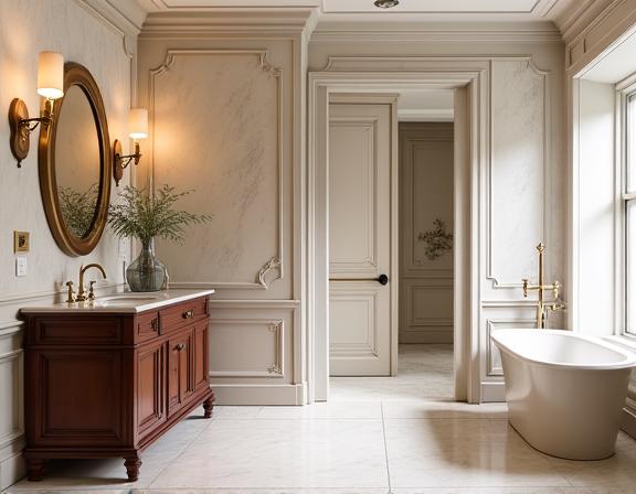 An elegant, classic bathroom in Toorak with marble tiles and a traditional vanity.