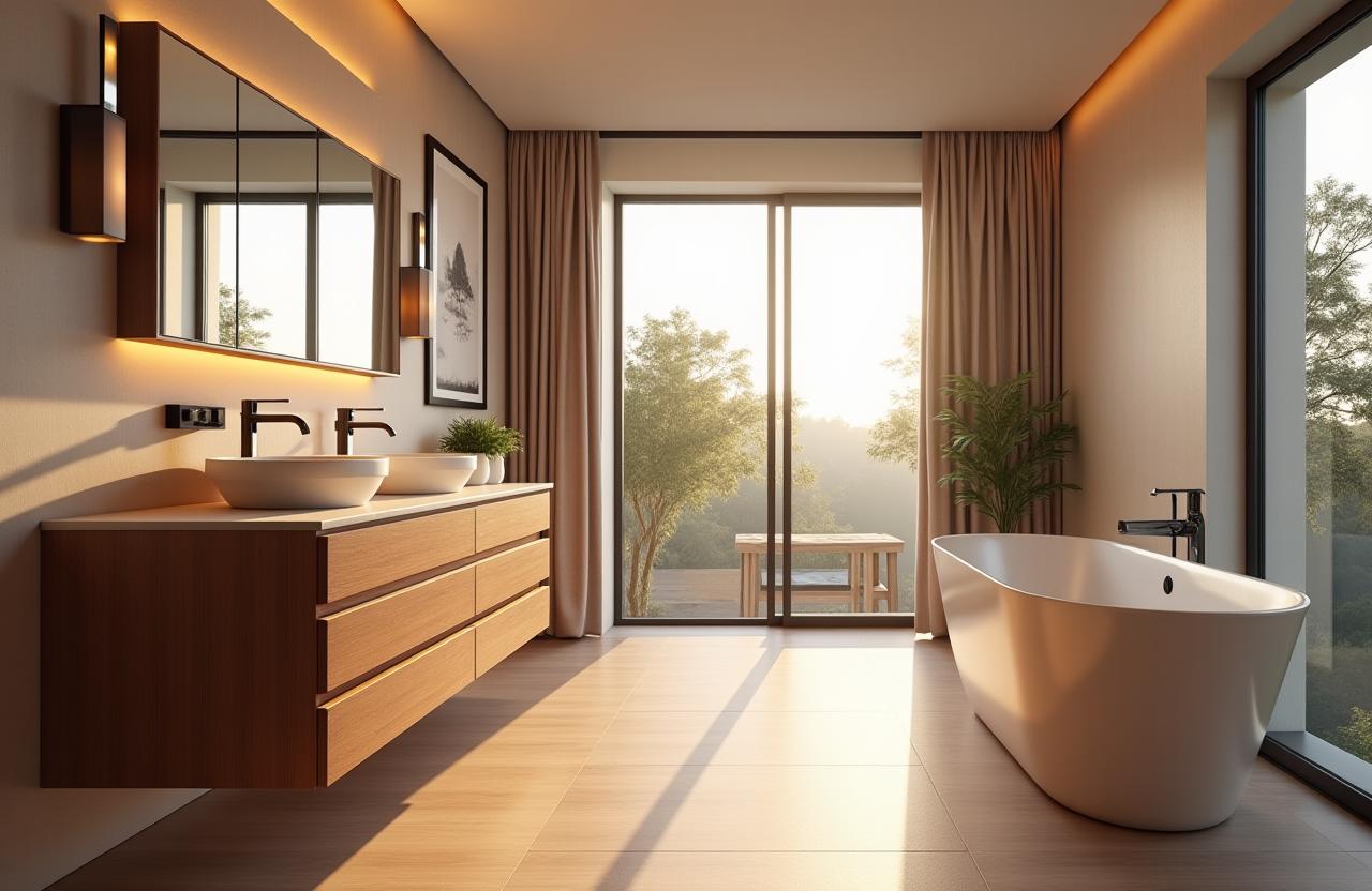 Luxurious modern bathroom with a custom wooden vanity and freestanding tub.