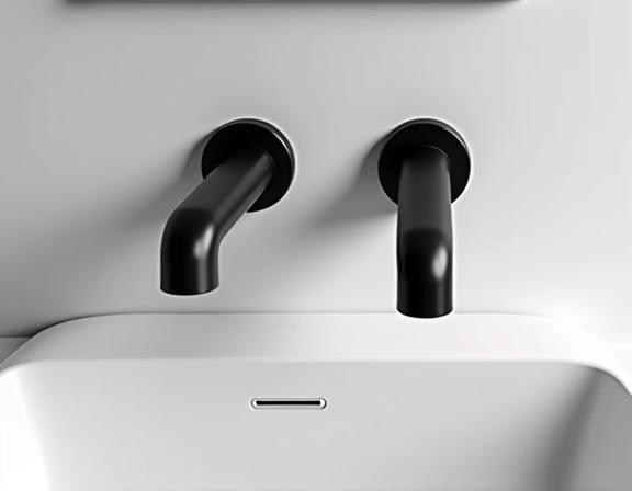 Modern matte black bathroom taps over a ceramic basin.