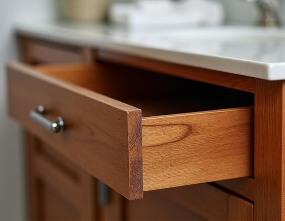 Close-up of a handcrafted wooden bathroom vanity drawer.