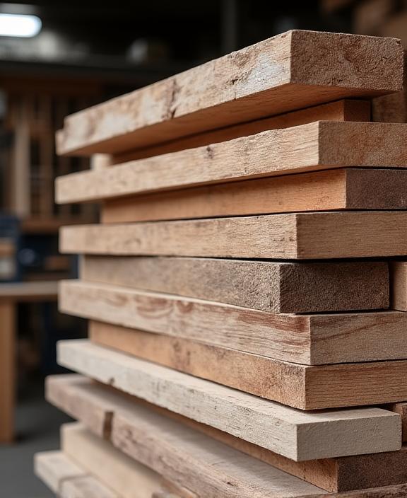 A stack of sustainably sourced reclaimed timber planks in the workshop.